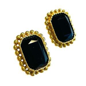 Vintage Sarah Coventry Clip On Earrings Faceted Black Stone Gold Bead Surround